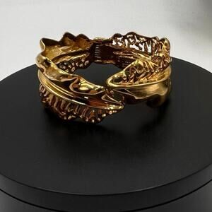 Joan Hornig Vintage Gold Tone Leaf‎ Hinged Bright Wide Bangle Bracelet